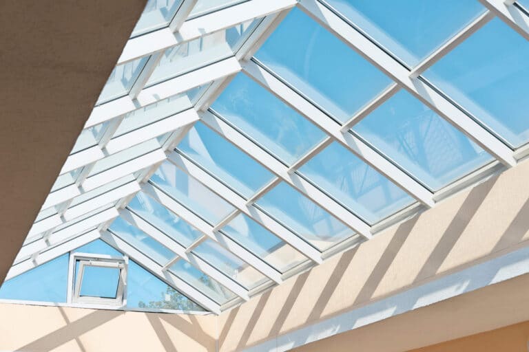 Transparent glass roof conservatory ceiling of a modern building